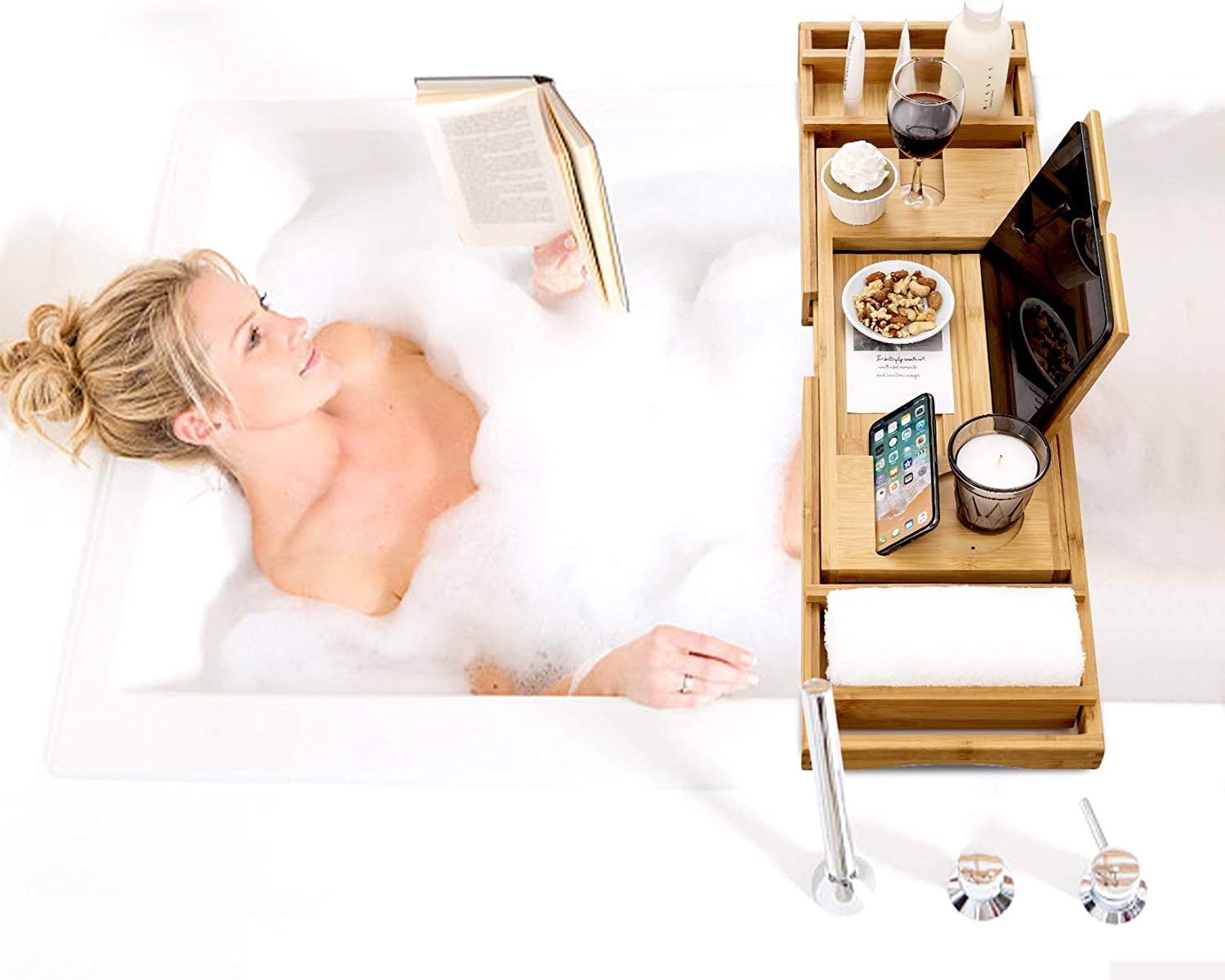 Bamboo Bathtub Caddy Tray with Extending Sides, Cellphone Tray and Wineglass Holder，Free Soap Holder